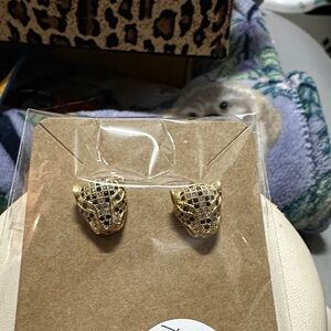 Gold Leopard Head Stud Earrings with Black Crystal Accents